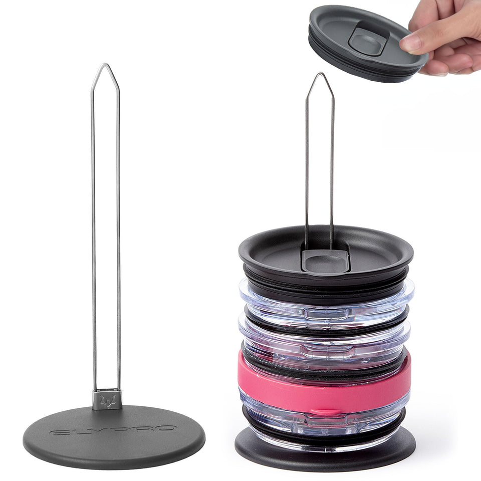 ELYPRO lid organizer vertical storage keeps Stanley and Yeti lids visible and easy to grab.