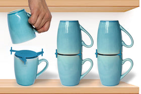 ELYPRO Mug Stackers 6-Pack blue demonstrate compact vertical storage in a small kitchen