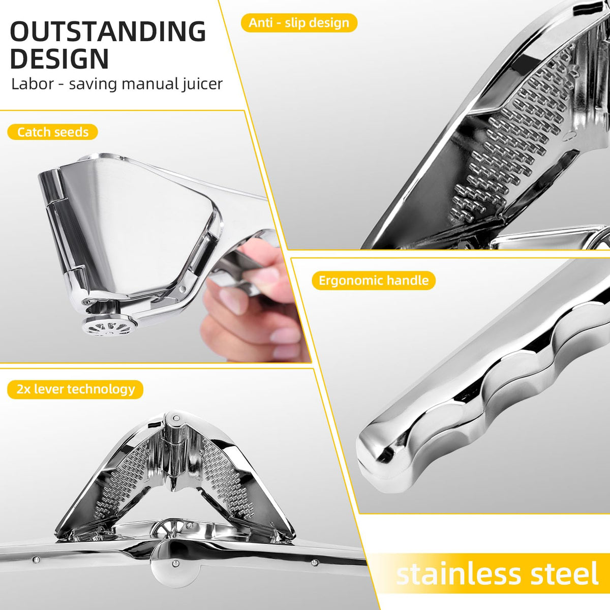 Elyssnova lemon squeezer ergonomic handle supports comfortable use during extended juicing.