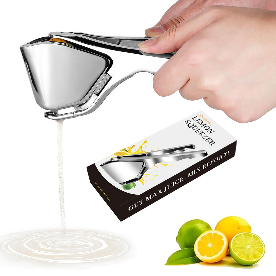 Elyssnova lemon squeezer front view demonstrates sleek stainless steel for effortless juice extraction.