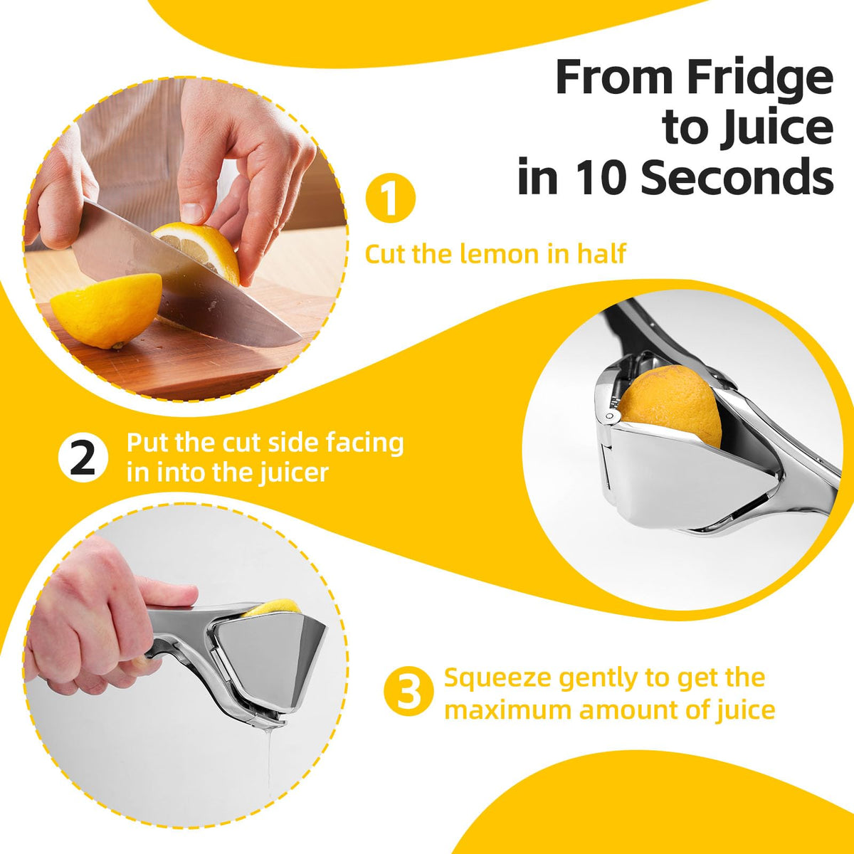 Elyssnova lemon squeezer in action pouring juice with high efficiency.