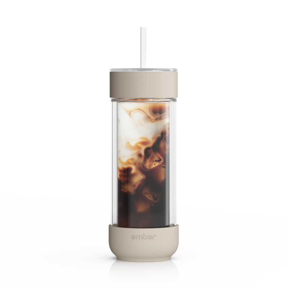 Ember Cold Tumbler front view shows sandstone glass for on-the-go iced drinks