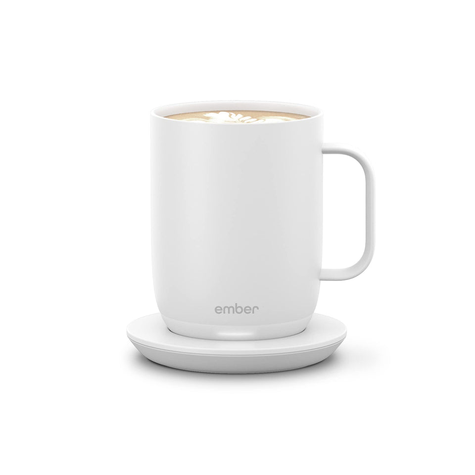 Ember Mug 2 14oz on desk keeps coffee warm for long work sessions