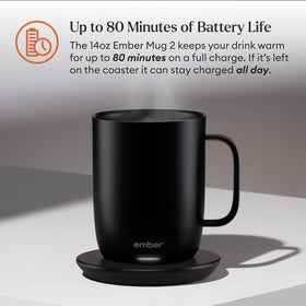Ember Mug 2 battery life indicator highlighting up to 80 minutes of heat.