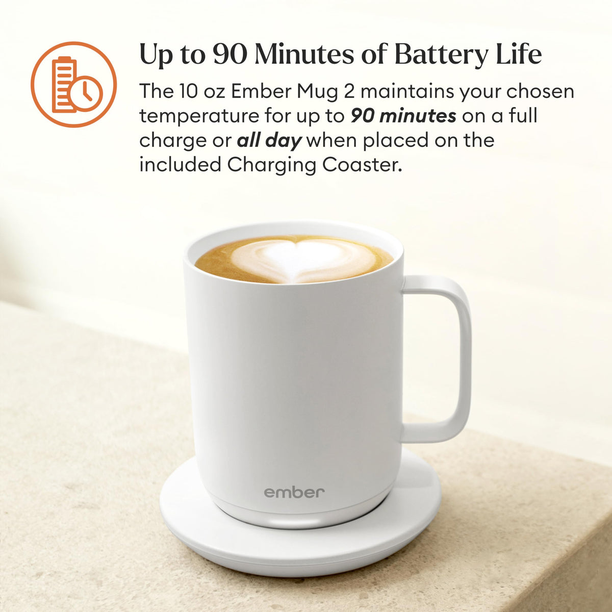 Ember Mug 2 on charging coaster illustrating all-day warmth when docked.