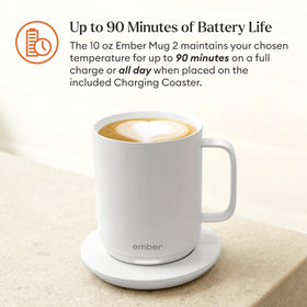 Ember Mug 2 on charging coaster illustrating all-day warmth when docked.