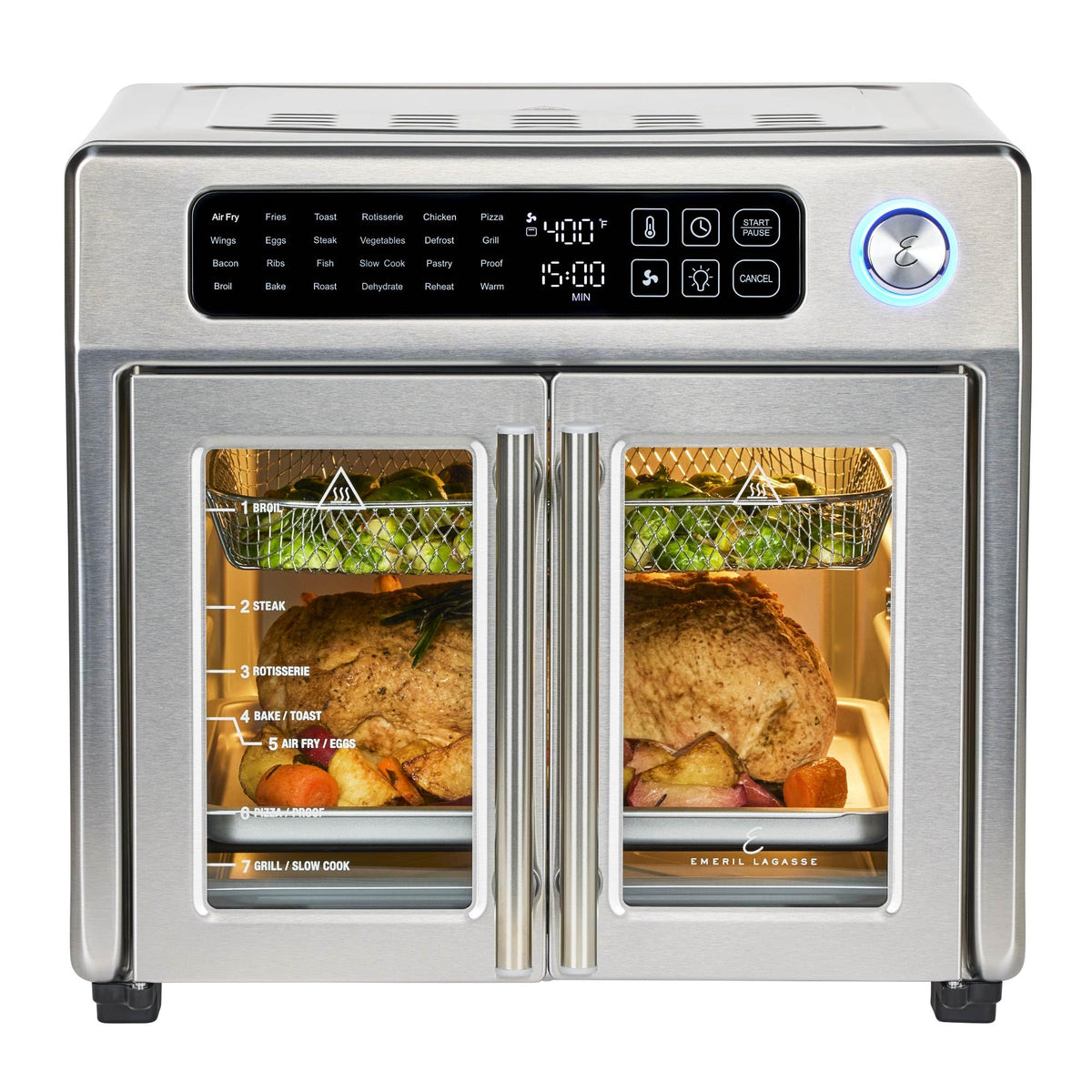 Emeril Lagasse extra-large French-Door front view shows roomy interior for large meals