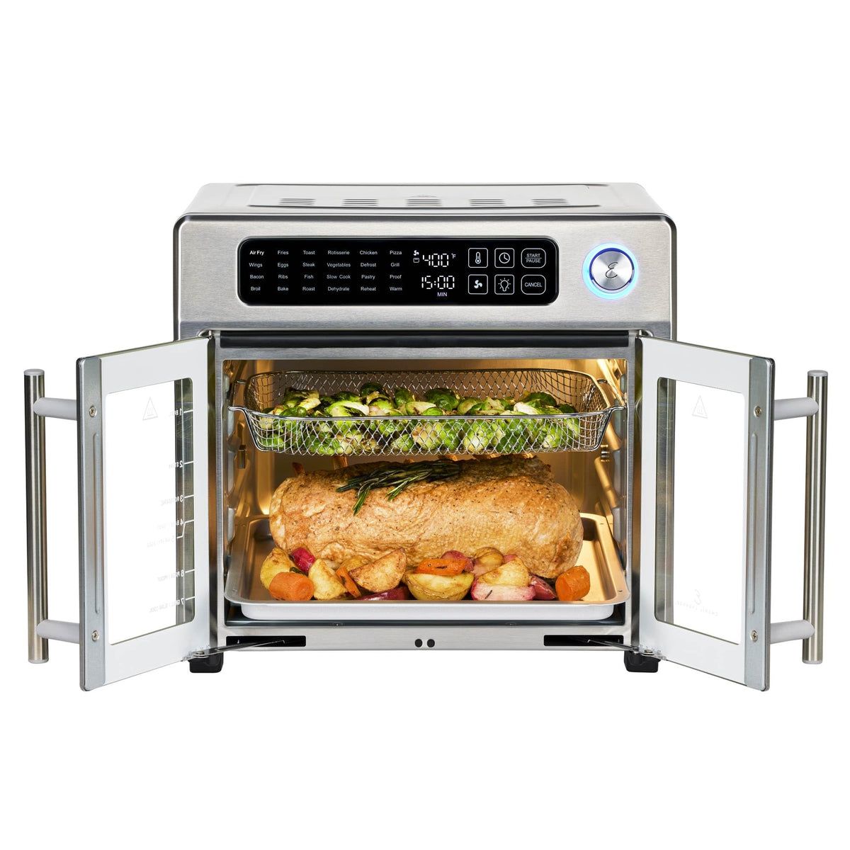 Emeril Lagasse accessories include air fry basket and rotisserie for versatility
