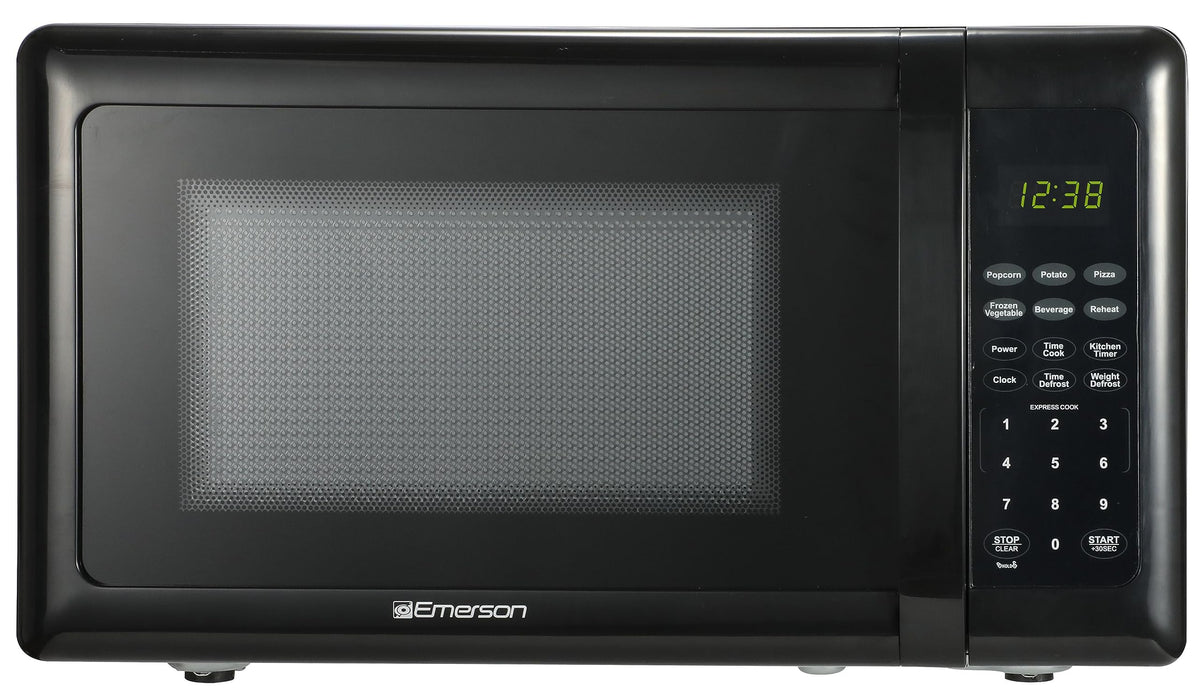 Emerson MW7302B compact microwave front view for space-saving kitchens.