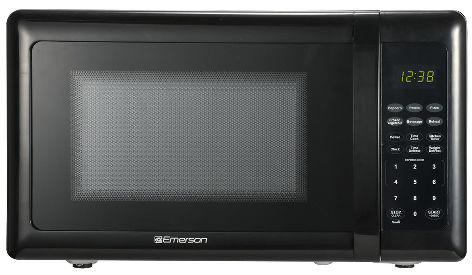 Emerson MW7302B compact microwave front view for space-saving kitchens.