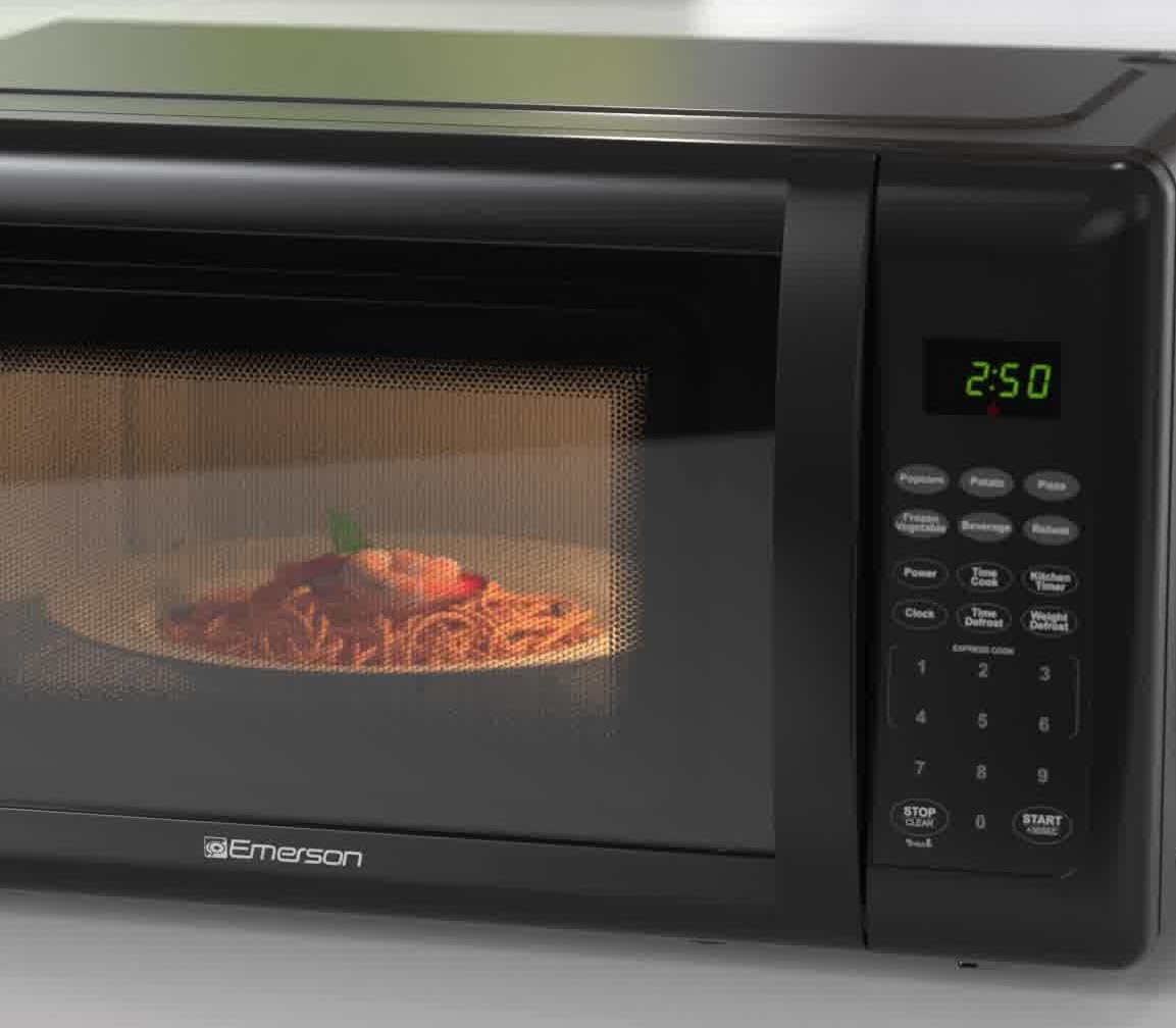 Emerson MW7302B glass turntable for even heating.