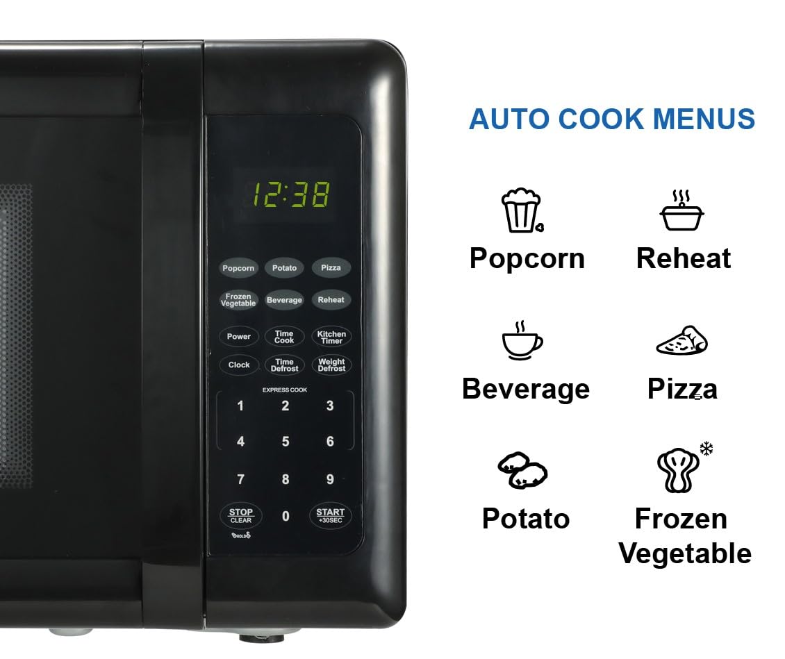 Emerson MW7302B ten power levels enable precise reheating and cooking.
