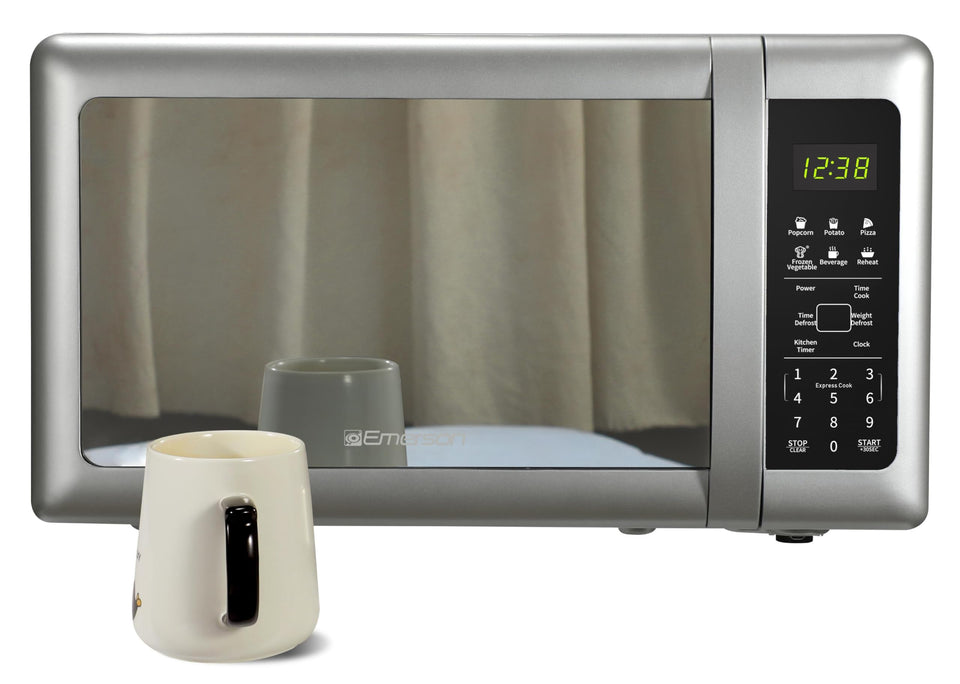 Emerson MW7601SL mirrored door adds modern style and easy cleaning for busy kitchens.