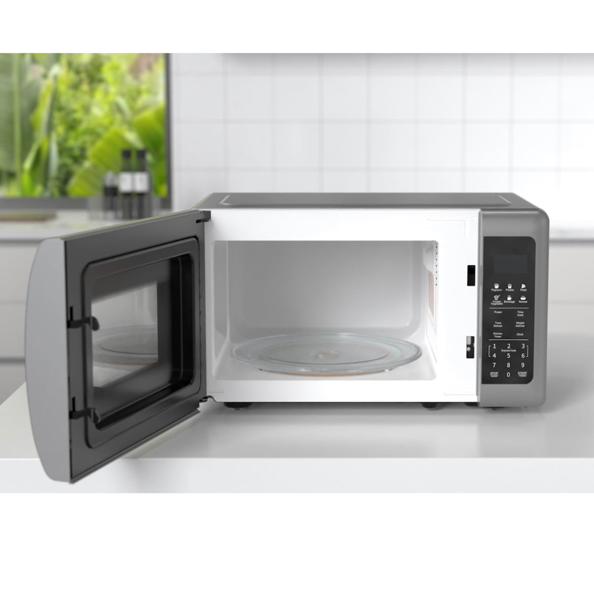 Emerson MW7601SL silver finish complements countertops and enhances kitchen aesthetics.