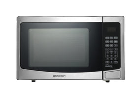 Emerson MWI1212SS front view with stainless steel front and black cabinet.