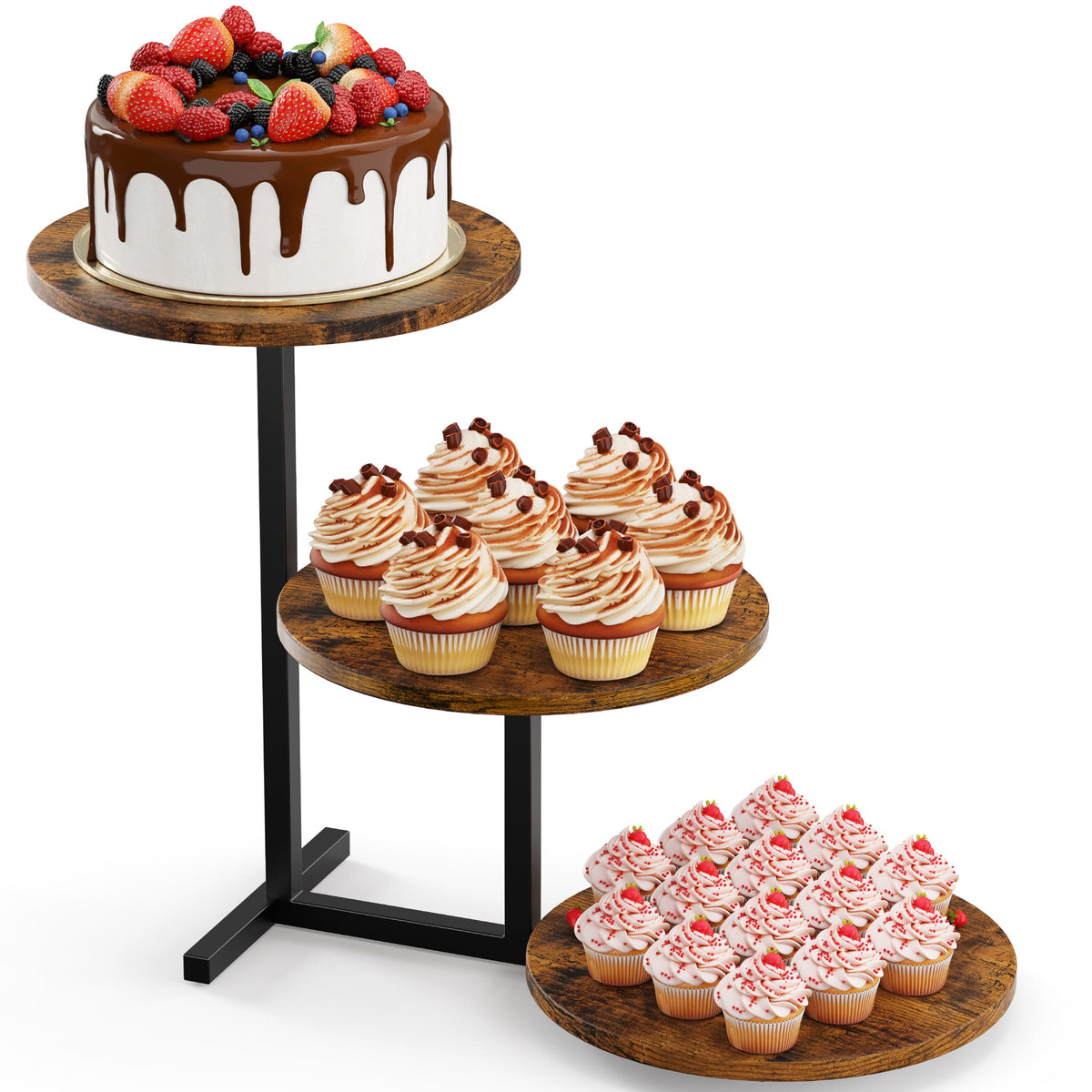 Emfogo 3-tier cupcake tower front view on sturdy wooden display for elegant desserts