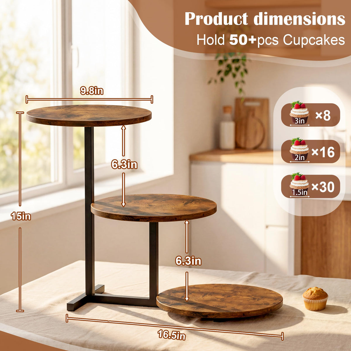 Emfogo wooden cupcake stand side view highlighting stepped design for easy access