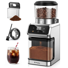 Emojoy burr coffee grinder with stainless conical burr for consistent grinds and aroma preservation.