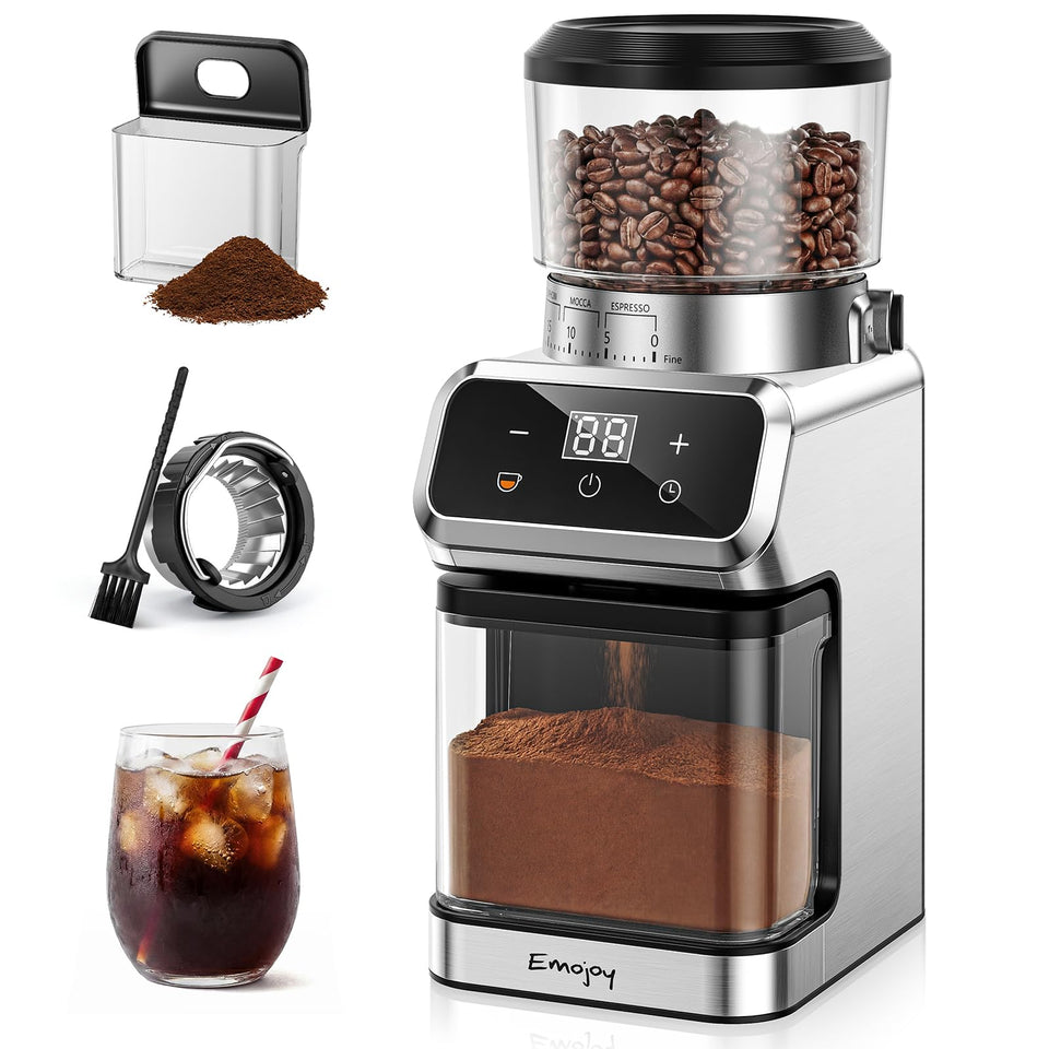 Emojoy burr coffee grinder with stainless conical burr for consistent grinds and aroma preservation.