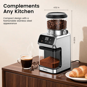 Emojoy coffee grinder with 30 precise settings for espresso to French press customization.