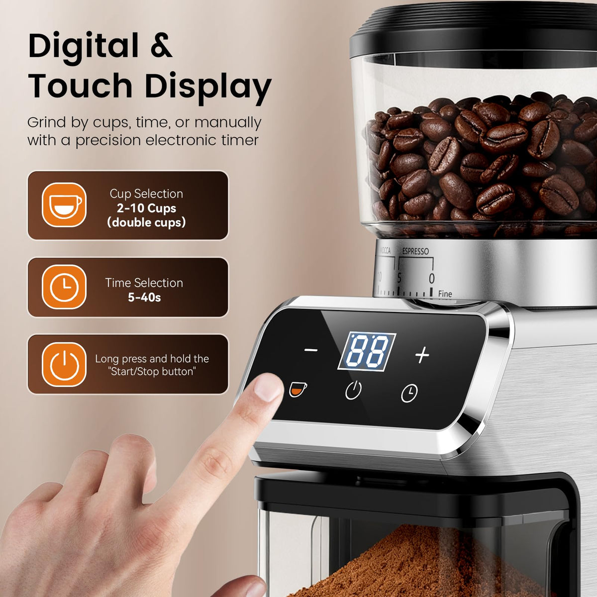 Emojoy coffee grinder with digital touch panel and LED controls for easy timing.