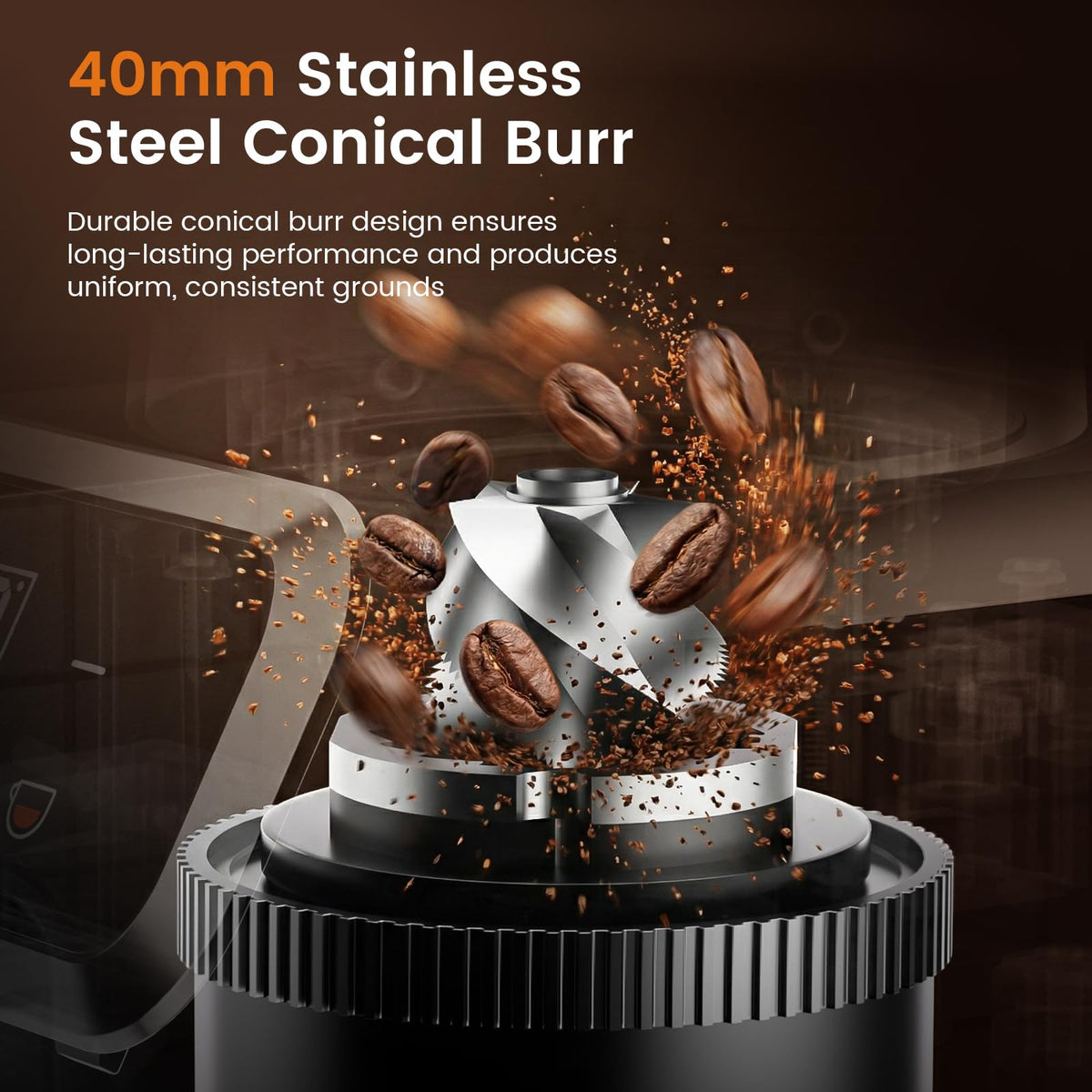 Emojoy conical burr grinder showcases stainless steel body and durable performance.