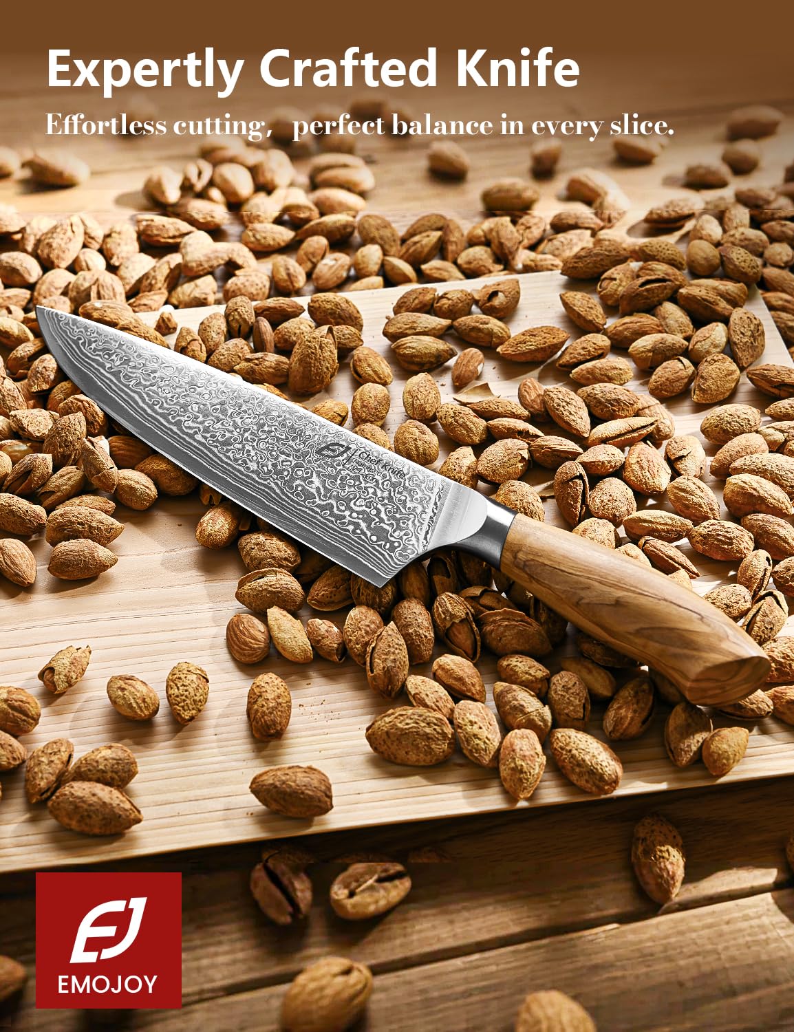 Emojoy Damascus 67-layer pattern on blade for durability and style.