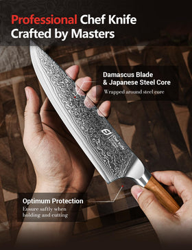 Emojoy 67-layer Damascus cladding adds durability and elegant rust-proof patterns.