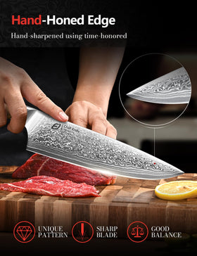 Emojoy Damascus chef knife gift-box presentation highlights premium packaging for thoughtful kitchen gifts.
