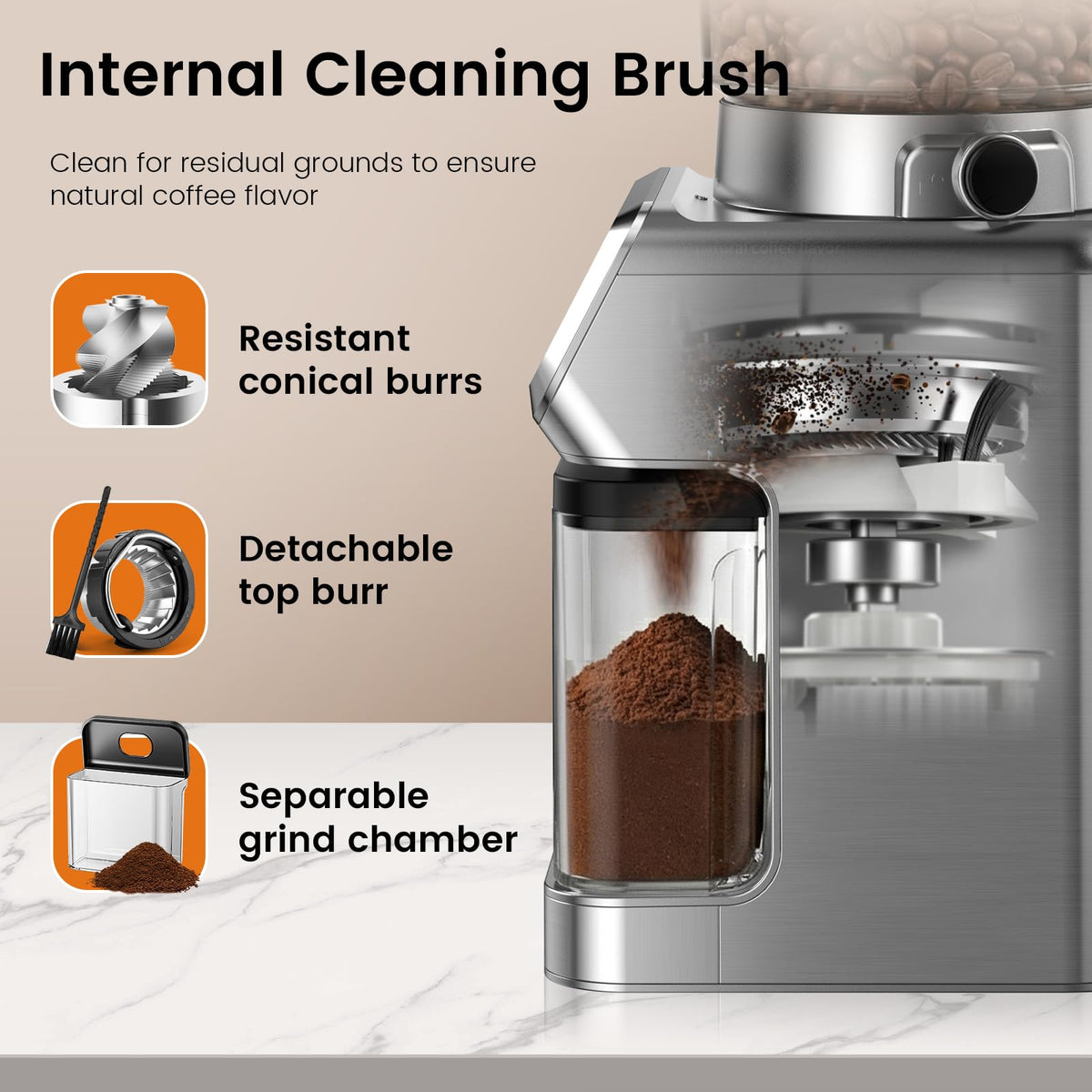 Emojoy grinder with easy disassembly of hopper and powder bin for cleaning.