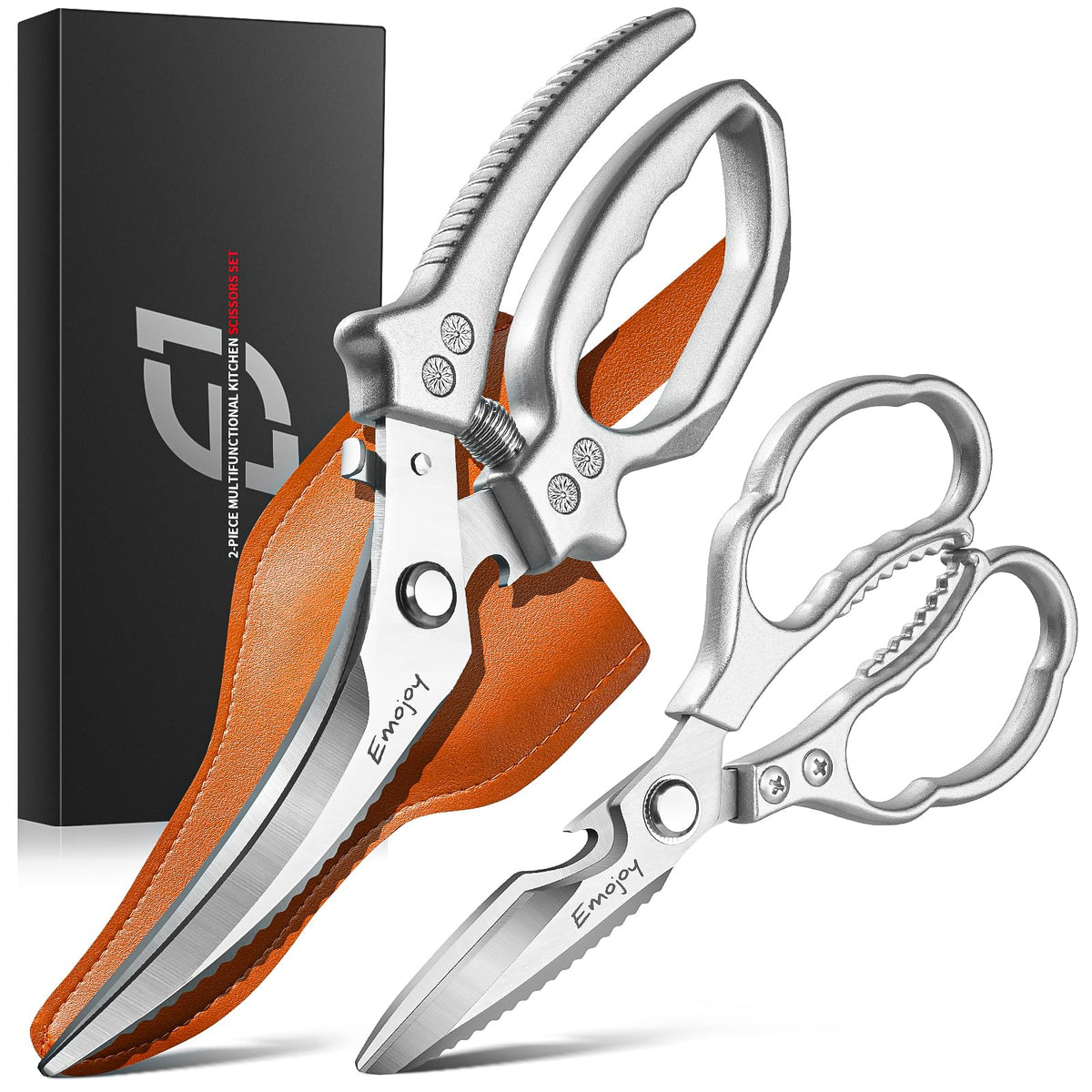 Emojoy kitchen scissors set with a thumb safety lock for safe one-handed use.