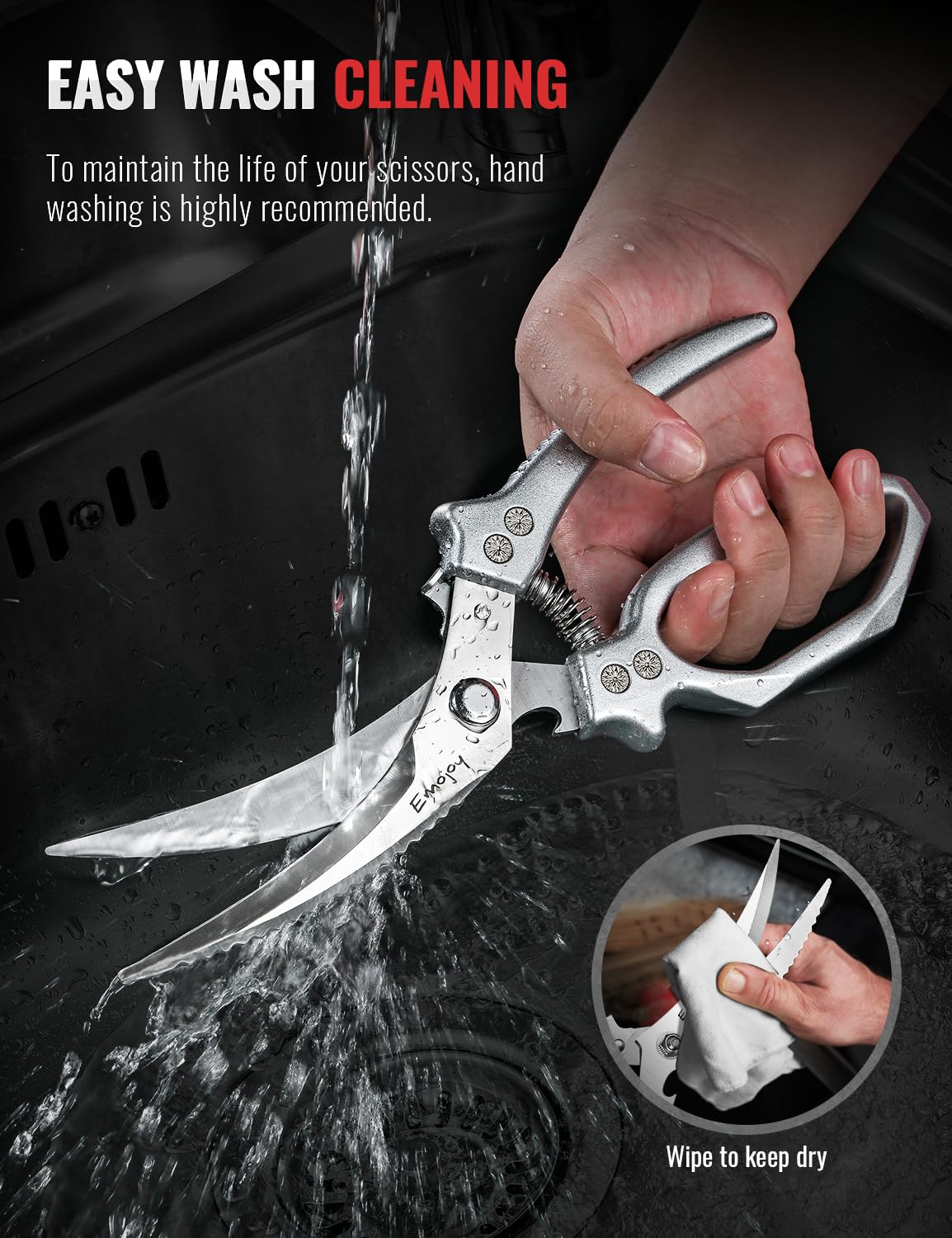 Emojoy leather sheath protects blades during storage.