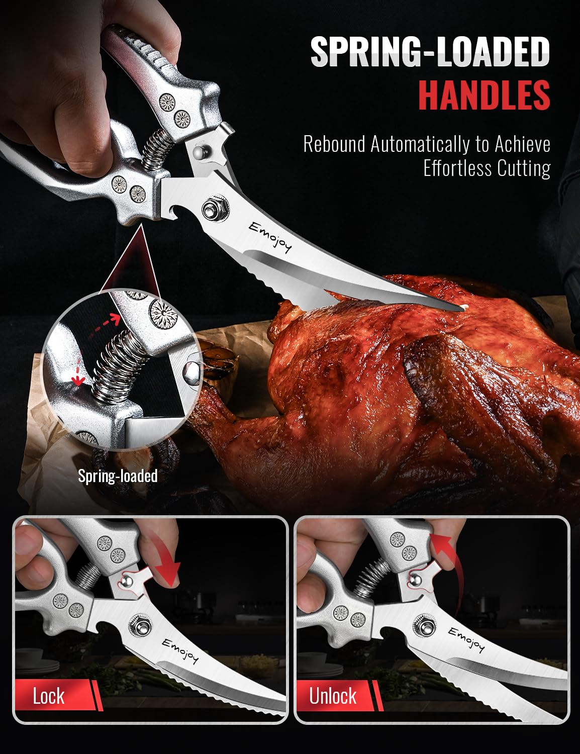 Emojoy poultry scissors in action for breaking down poultry.