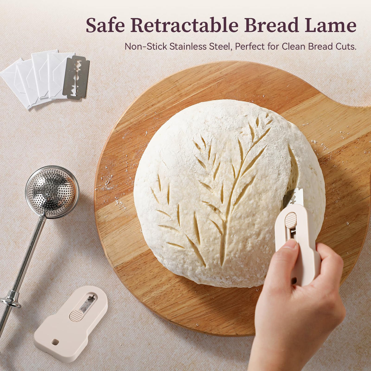 Emojoy Sourdough Starter Kit bread lifter helps lift hot loaves without burns.