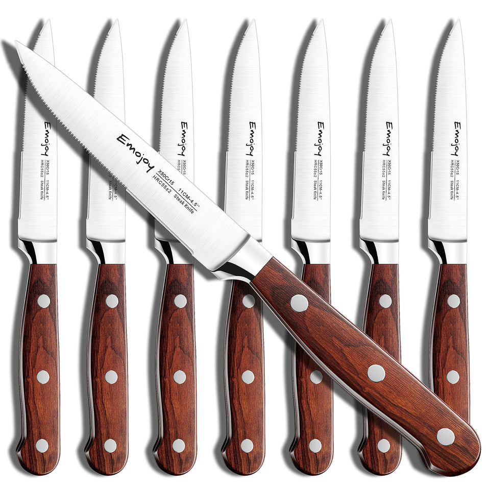Emojoy 8-piece steak knives set in a gift box for elegant entertaining.