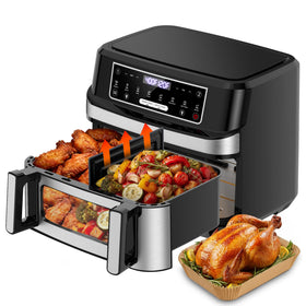 Emphsism 1600W dual zone air fryer with divider front view, ideal for family meals