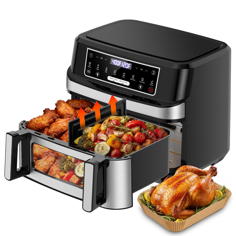 Emphsism 1600W dual zone air fryer with divider front view, ideal for family meals