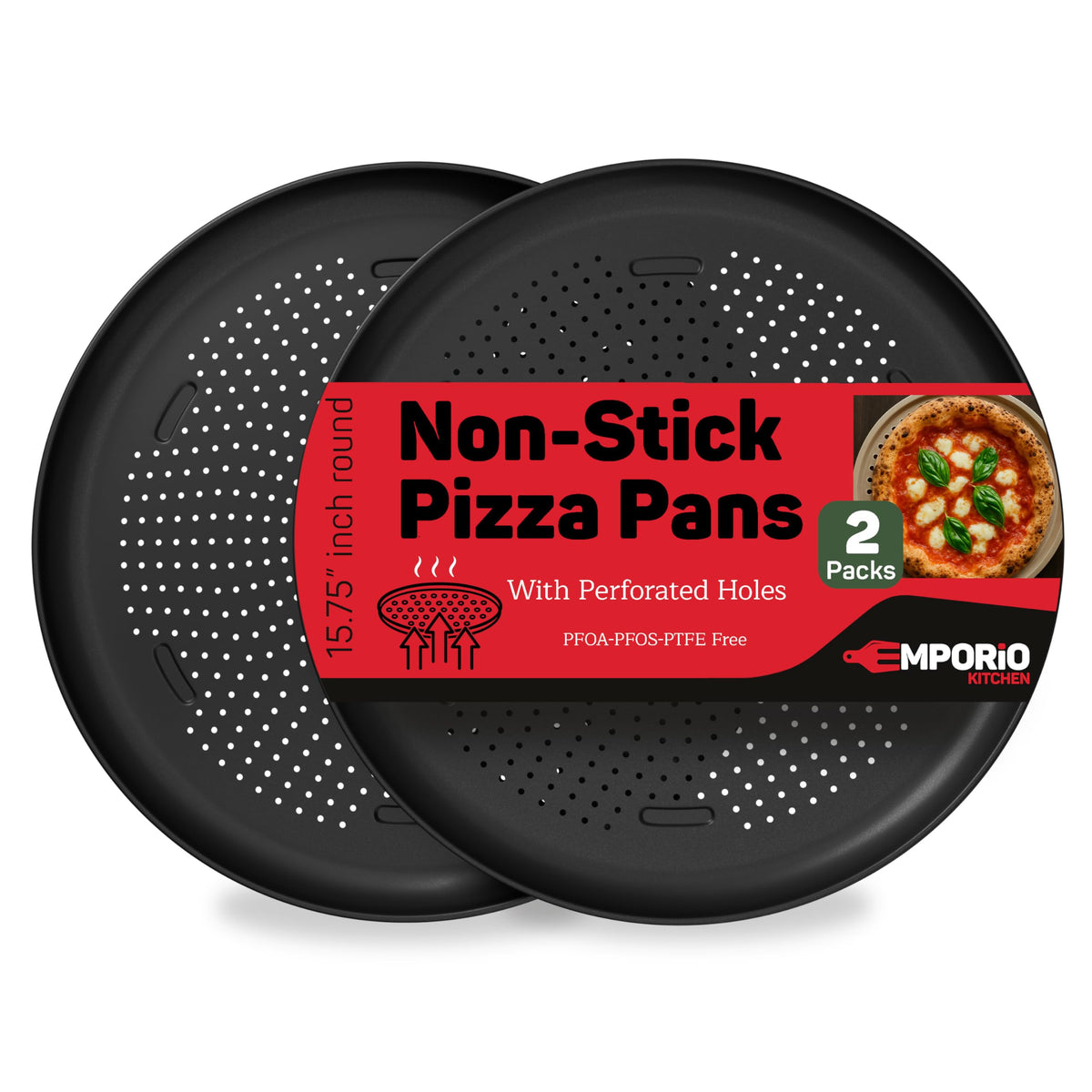 Emporio Kitchen 16-inch pizza pan with holes for crispy, even baking.