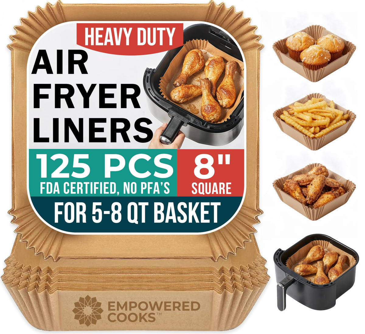 Empowered Cooks Cathy Yoder airfryer liners in 8-inch square format for quick cleanup.