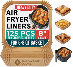 Empowered Cooks Cathy Yoder airfryer liners in 8-inch square format for quick cleanup.