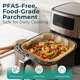 Cathy Yoder airfryer liners offer non-stick parchment for easy cooking.