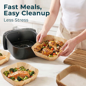 Square 8-inch liners fit most 5-8QT air fryers for versatile meals.