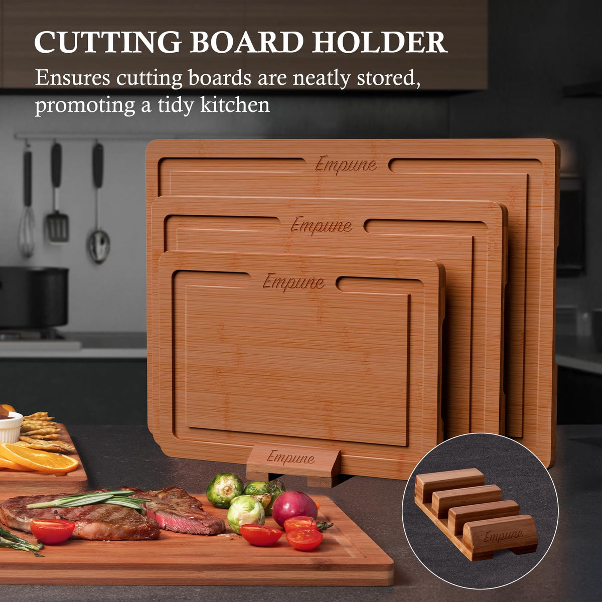 Empune board with juice groove catches liquids to protect countertops.