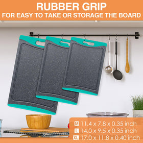 Empune turquoise built-in juice groove keeps counter clean during prep