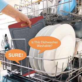 Empune red cutting board is dishwasher safe for easy cleaning.