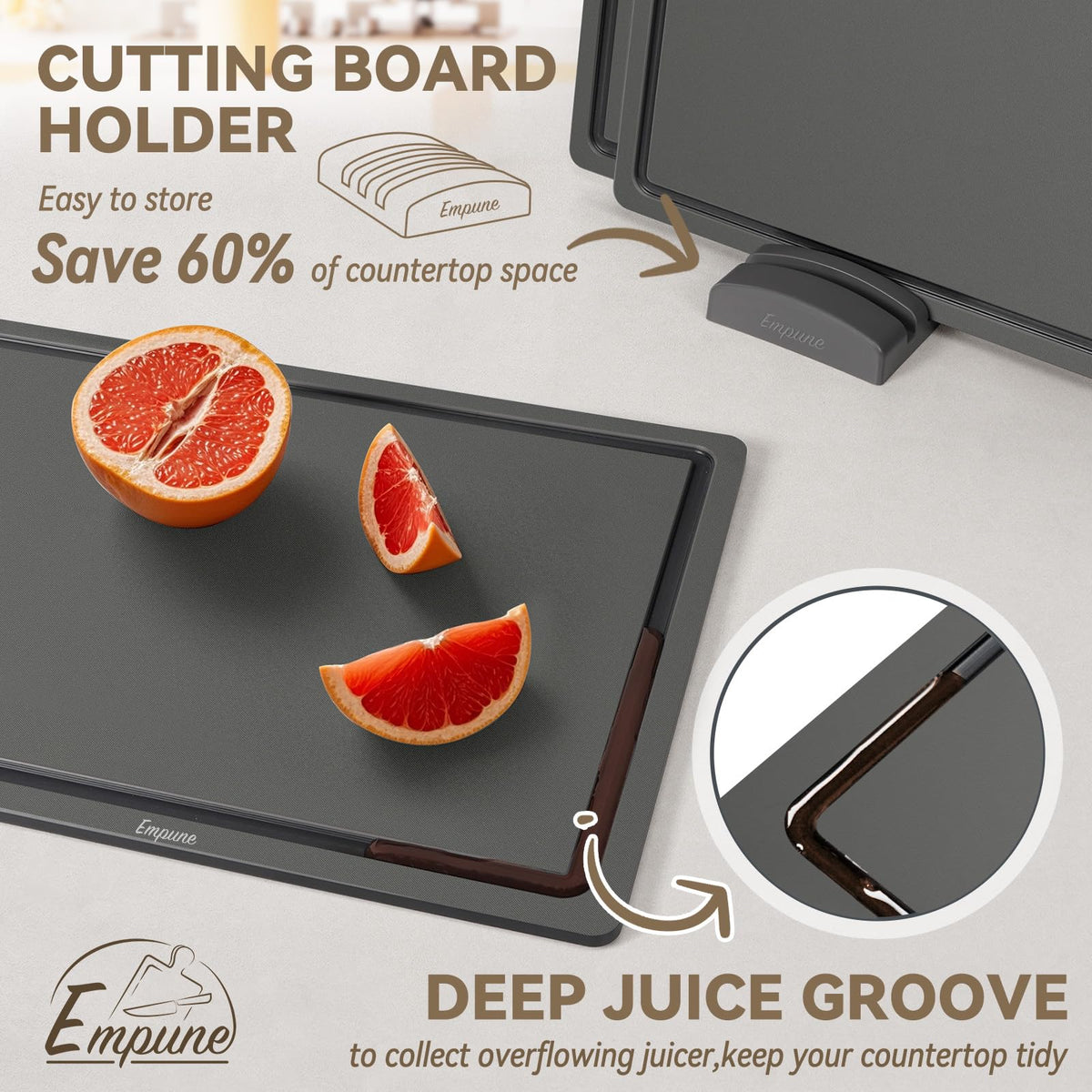 Empune cutting board set deep juice groove catches drips and keeps counters clean.