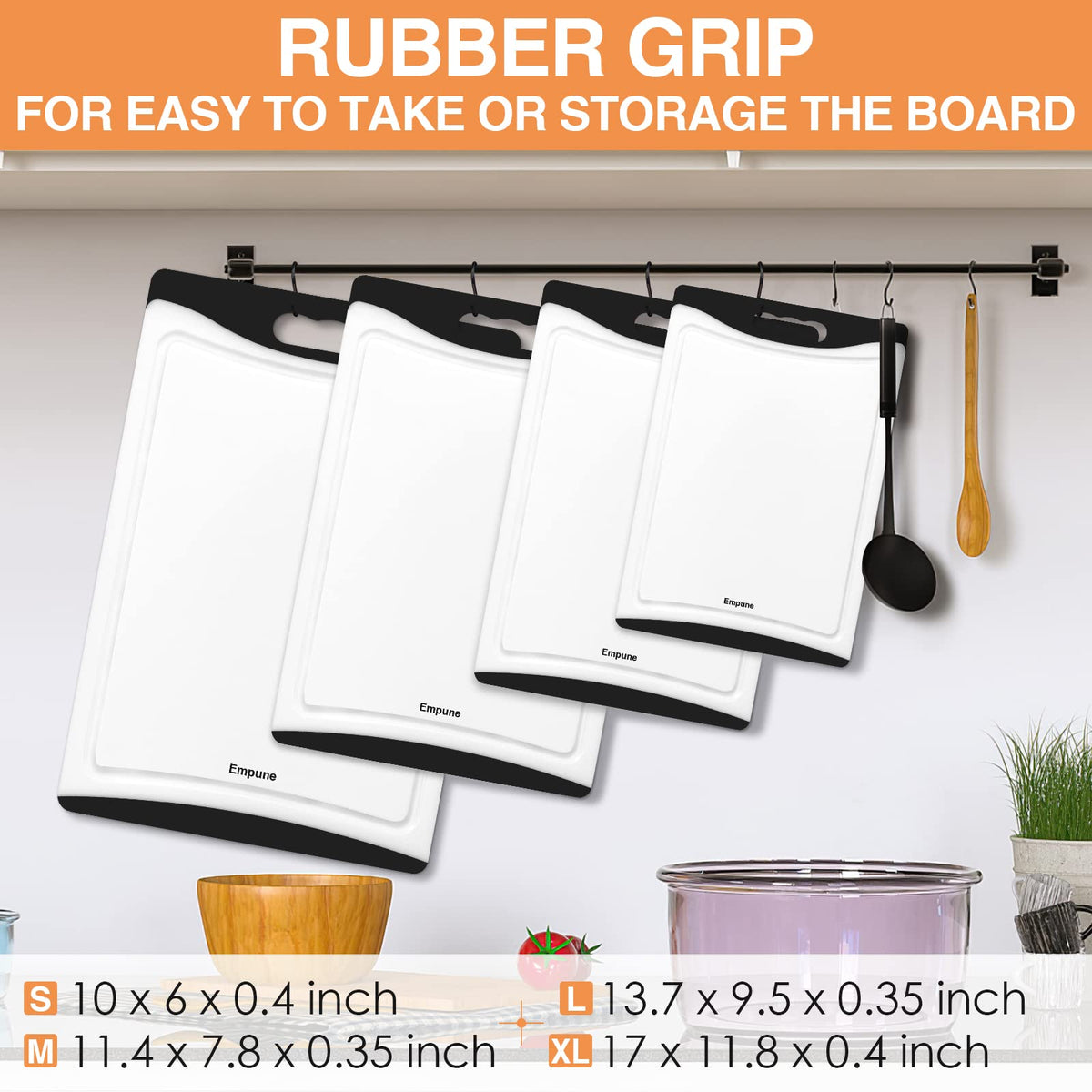 Empune cutting board set large with vegetables illustrates ample room for meal prep.