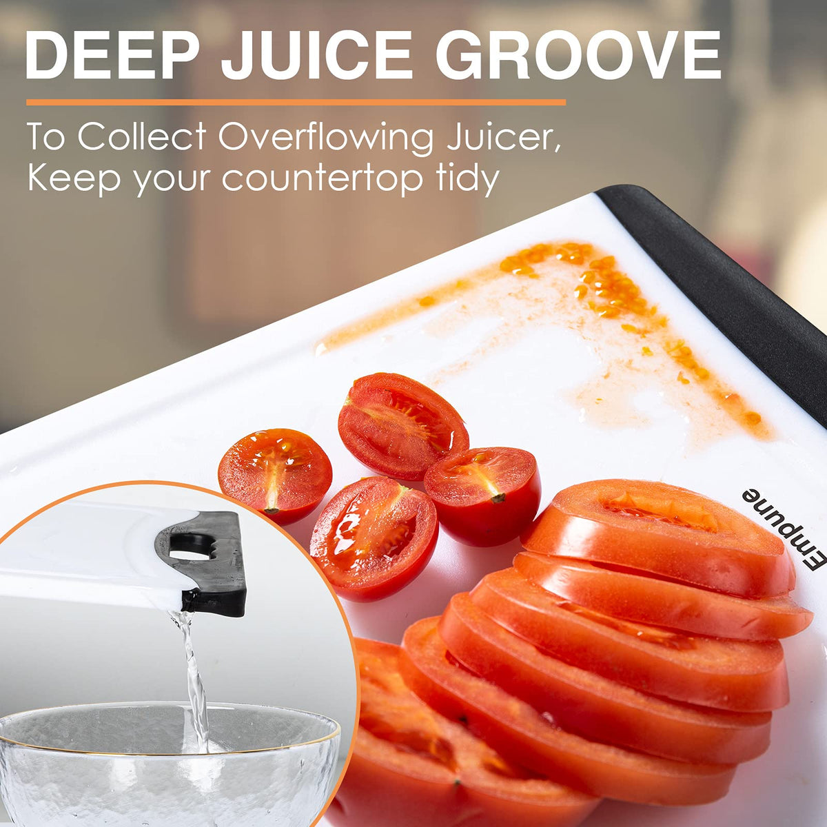 Empune cutting board set non-slip edge handles provides stable grip during slicing.