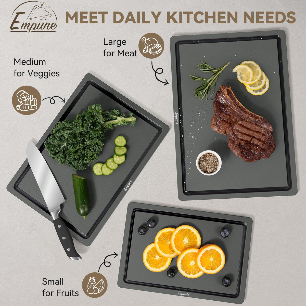 Empune cutting board set non-slip pads keeping boards steady on slick counter.
