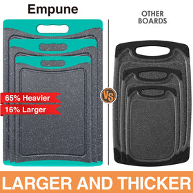 Empune turquoise large cutting board perfect for vegetables and fruits in a busy kitchen